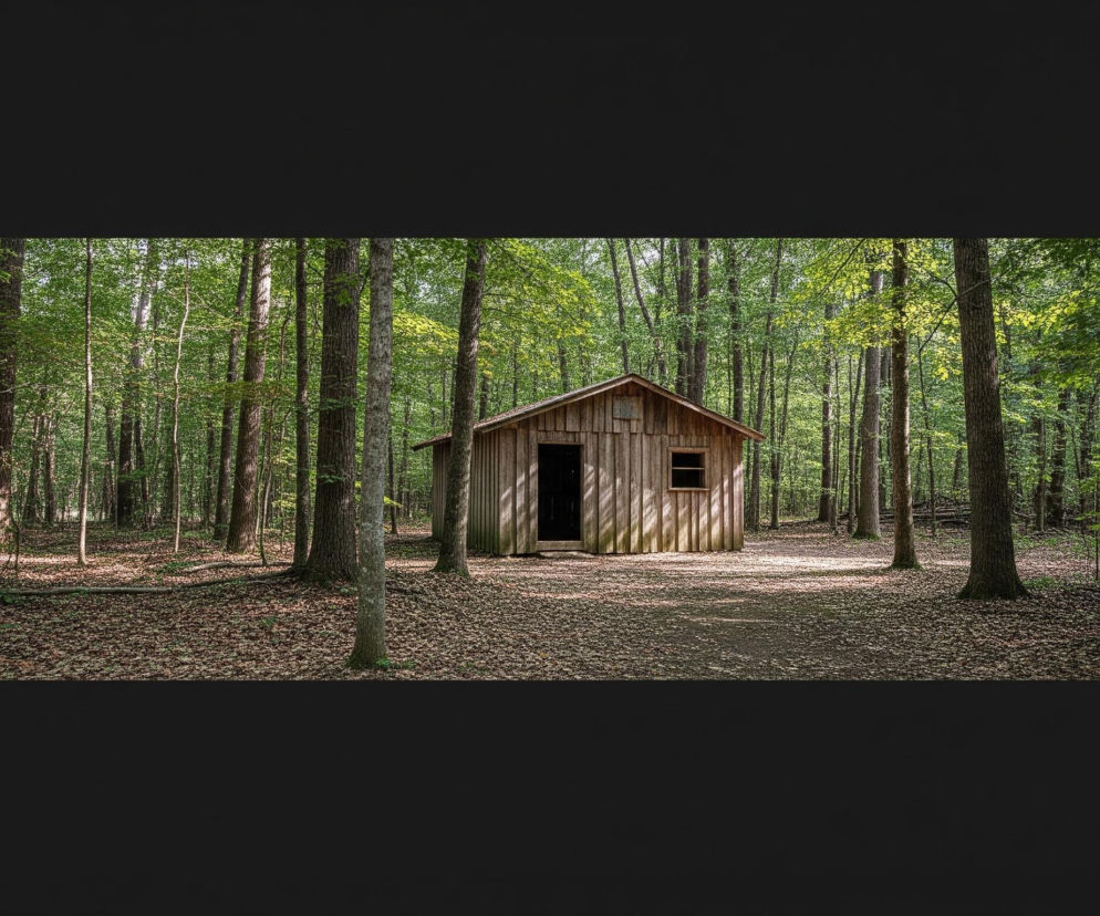 Drewniana chata stoi pośrodku gęstego, zielonego lasu. Chata ma proste, dwuspadowe, brązowe ściany i ciemne, otwarte drzwi z lewej strony oraz małe, jasne okno z prawej. Ścieżka usłana suchymi liśćmi prowadzi do wejścia, a słońce prześwituje przez korony drzew, tworząc na ziemi mozaikę światła i cienia.