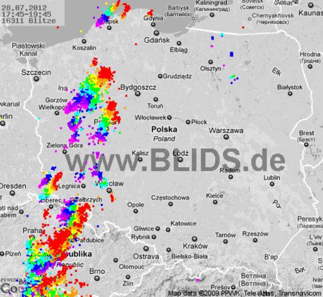 Burze w Polsce, 28.07.2012 - MAPA z godz. 17.45-19.45