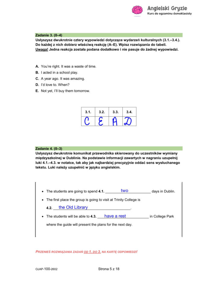 Próbny egzamin ósmoklasisty 2026 angielski - odpowiedzi