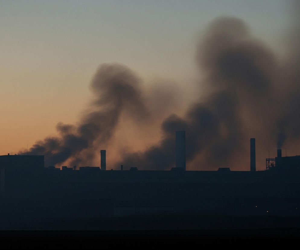 Fabryka o horyzontalnym kształcie jest zarysowana ciemną sylwetką, z której wyłania się wiele kominów, wypuszczających w górę gęsty, ciemny dym. Dym rozprzestrzenia się szeroko na niebie, tworząc ciemne chmury, które niemal całkowicie przesłaniają górną część obrazu. Tło stanowi niebo o ciepłych, delikatnych barwach, przechodzących od jasnego błękitu na samej górze, przez pomarańczowy w środku, aż do ciemniejszego brązu tuż nad linią horyzontu. W dolnej części zdjęcia widać ciemny, niezróżnicowany fragment ziemi lub gruntu, a po lewej stronie majaczy cień drzew.