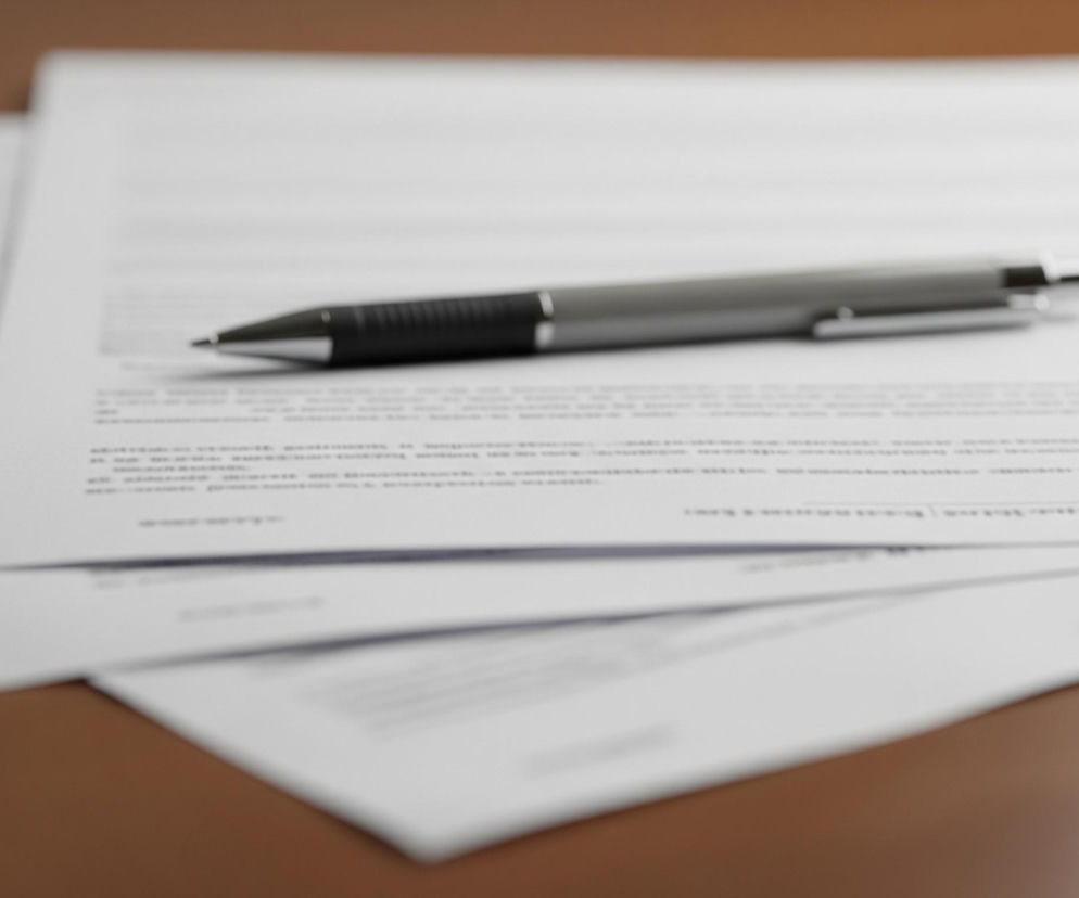 Na brązowym, gładkim blacie leży stos białych kartek. Górna kartka, znajdująca się w centrum kadru, jest lekko rozmazana i ma widoczne na niej rzędy czarnego tekstu, stanowiące główny obiekt obrazu. Na niej spoczywa ciemnoszary długopis z czarnym, żebrowanym uchwytem i srebrnymi elementami, skierowany w prawo. Pozostałe kartki, z niewyraźnym tekstem, leżą pod spodem, tworząc nieregularny stos.