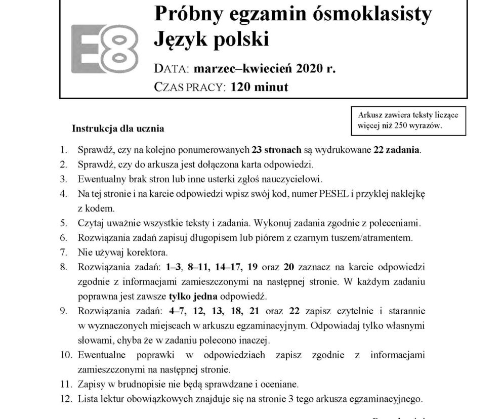 Próbny egzamin ósmoklasisty 2020. Arkusz z języka polskiego