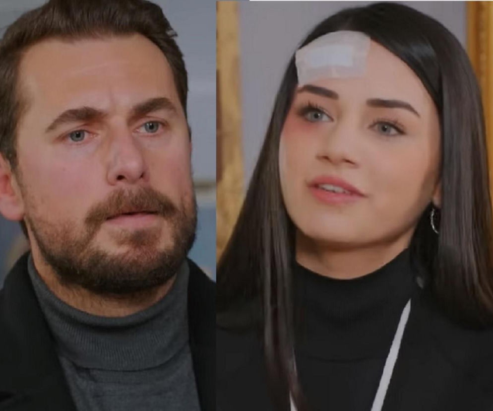 Kuzey i Bahar w scenie z serialu Miłość i nadzieja. Bahar, z widocznym podbitym okiem i opatrunkiem na czole, oskarża Kuzeya o pobicie, by wymusić na nim spełnienie swoich żądań. Więcej intryg znajdziesz na Super Seriale.