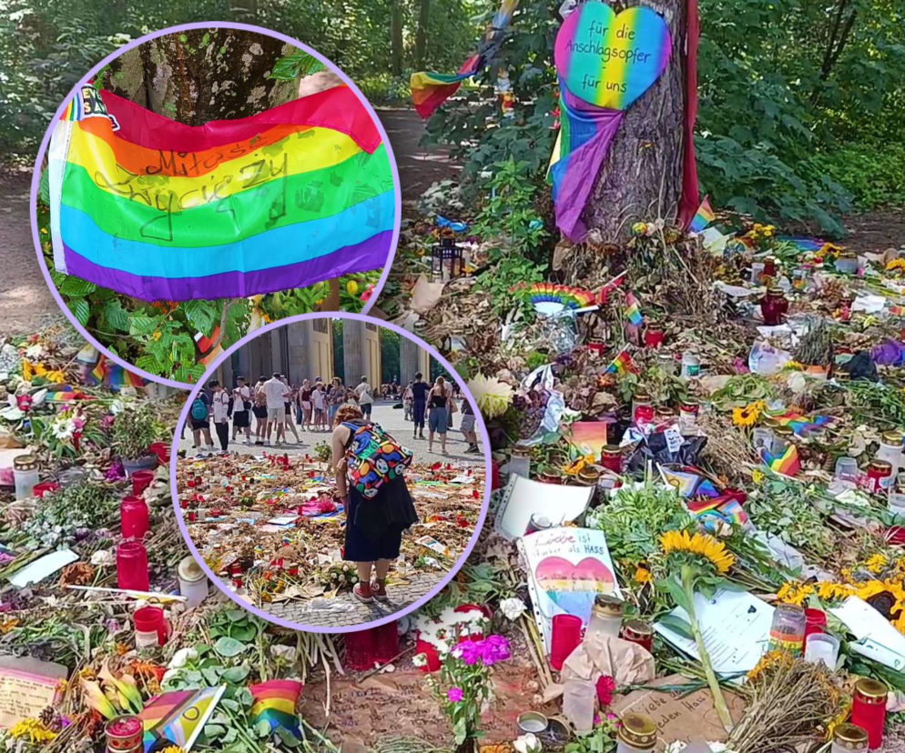Kwiaty i znicze w parku Tiergarten. Obok miniatury z polską flagą i ludźmi pod Bramą Brandenburską. Relacja na Eska.