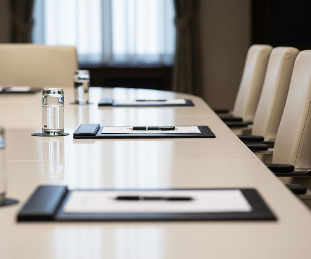 Duży, beżowy stół konferencyjny, biegnący ukośnie przez kadr, z ustawionymi po jednej stronie rzędem krzeseł. Na stole rozmieszczone są szklanki z wodą oraz czarne podkładki z białymi kartkami i długopisami. W tle widoczne są zasłonięte okna, wpuszczające stonowane światło. Całość ma elegancki, stonowany charakter.