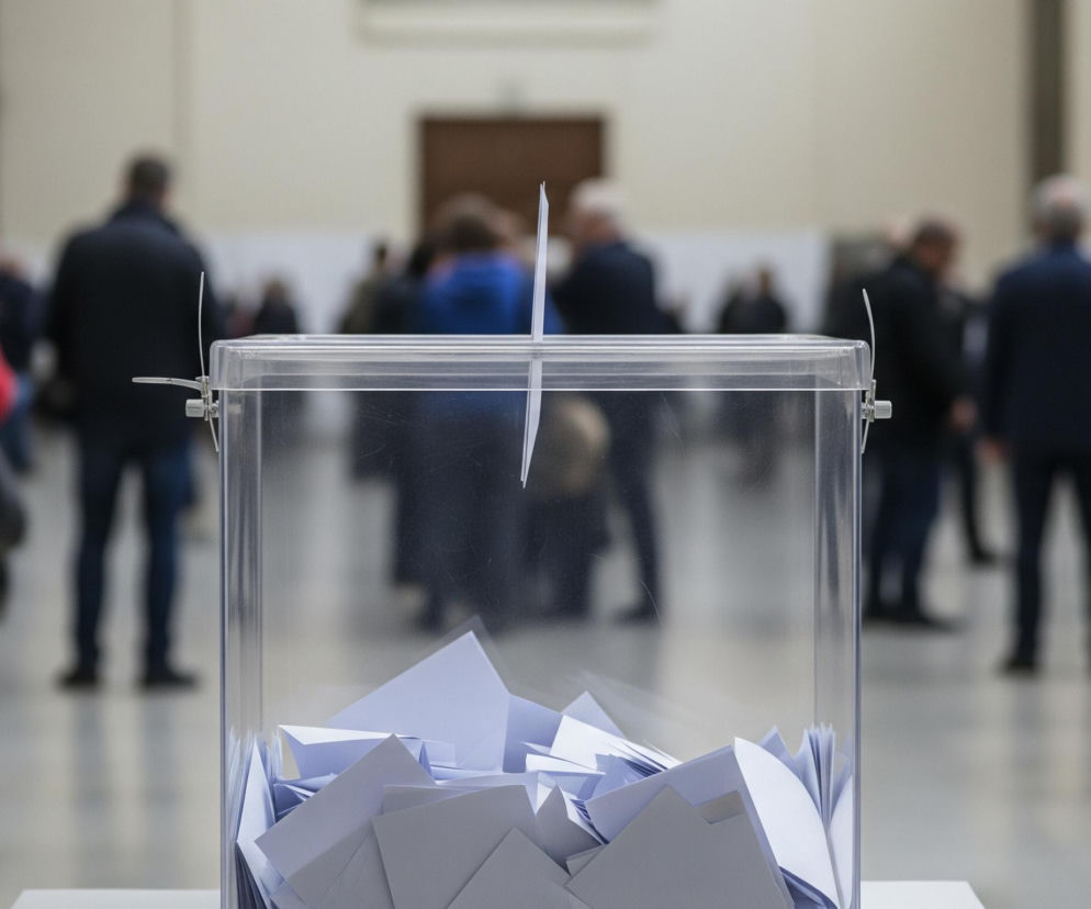 Na pierwszym planie, centralnie, znajduje się przezroczysta urna wyborcza wykonana z pleksi, wypełniona po brzegi białymi, pogniecionymi kartkami. Z otworu u góry urny wystaje jedna kartka, a po jej bokach widoczne są mechanizmy zabezpieczające. Tło stanowi rozmyty obraz wnętrza dużej, jasnej sali, gdzie gromadzi się grupa ludzi, stojących lub poruszających się, nieostrych, o niewyraźnych rysach. W tle widoczne są fragmenty ścian w beżowych i jasnoszarych odcieniach, z ciemniejszymi drzwiami po prawej stronie.