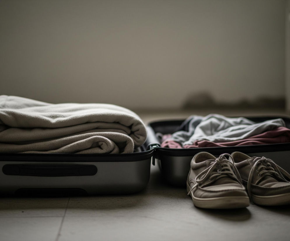 Dwie otwarte walizki leżą na podłodze, częściowo wypełnione ubraniami. W lewej, jasnoszarej walizce, schludnie złożone są kremowe ręczniki lub koce. Prawa, ciemniejsza część walizki zawiera zgniecione ubrania w odcieniach szarości i brudnego różu. Obok prawej walizki stoi para beżowych, sznurowanych butów. Tło stanowi rozmyta, jasnoszara ściana, a w prawym górnym rogu widać fragment białego mebla.