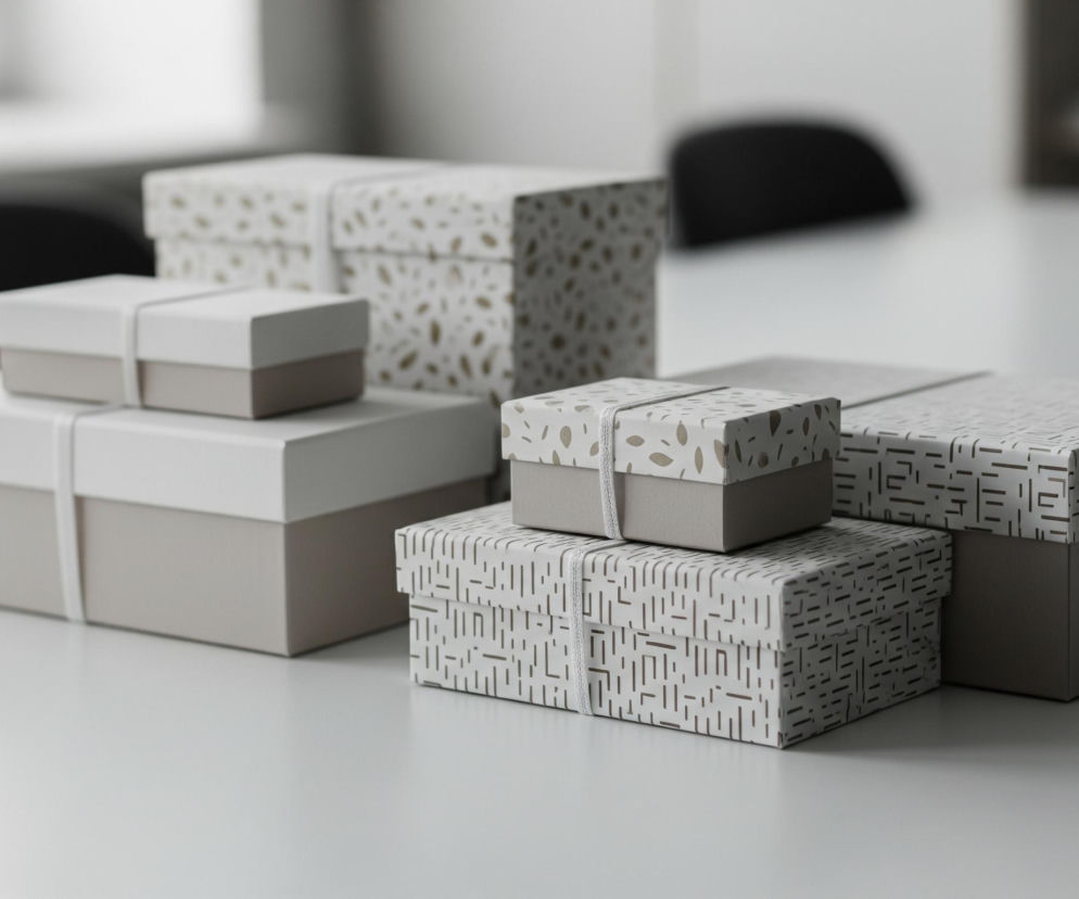 Na białym, błyszczącym blacie stołu leży sześć pudełek prezentowych. Cztery z nich są prostokątne, biało-szare, z białymi wieczkami i szarymi podstawami, przewiązane białymi wstążkami. Pozostałe dwa pudełka są szare z białymi wieczkami, na których widnieje wzór z brązowych, owalnych kształtów i kresek, również przewiązane białą wstążką. Tło jest rozmyte, ukazując fragmenty czarnych krzeseł i jasnych ścian.