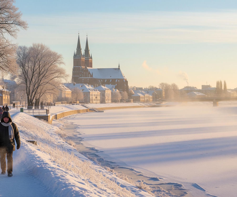 Trzy osoby idą po pokrytej śniegiem ścieżce w lewym dolnym rogu, odziane w ciepłe zimowe ubrania, w tym futrzane kaptury i szaliki, otoczone drzewami pokrytymi szronem. Prawie cała szerokość obrazu zajęta jest przez zamarzniętą rzekę, którą po prawej stronie przecina szeroki most, a w oddali majaczą budynki miejskie, w tym kościół z dwiema strzelistymi wieżami. Jasne niebo o delikatnym, żółtawo-niebieskim zabarwieniu rozciąga się nad całą sceną, której dominującymi kolorami są biel, odcienie szarości i ciepłe brązy.