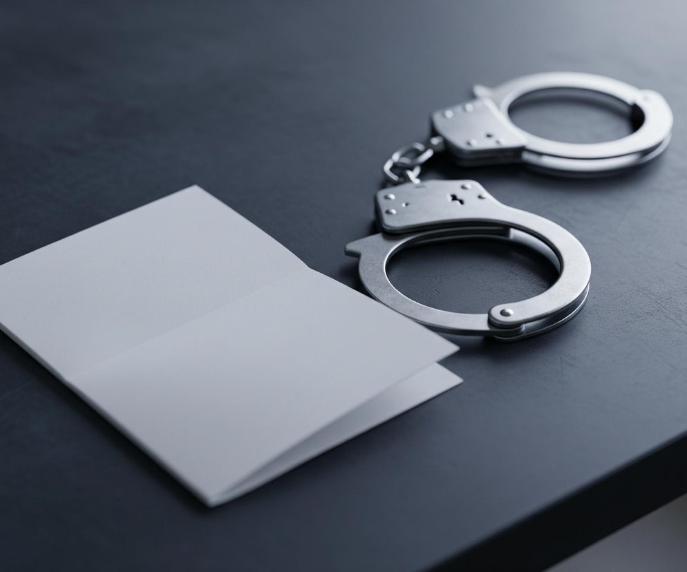 Na ciemnym blacie leżą kajdanki i otwarty, złożony na pół, biały dokument. Kajdanki, wykonane z metalu o matowym srebrnym połysku, są częściowo rozłożone i skierowane w prawą stronę obrazu, z jednym z ich okręgów leżącym bliżej dokumentu. Dokument, widoczny w lewej dolnej części zdjęcia, jest lekko uniesiony w miejscu zgięcia, co sugeruje jego sztywność lub otwartą pozycję. Blat ma delikatną teksturę i jest oświetlony od góry, tworząc subtelne cienie pod przedmiotami.