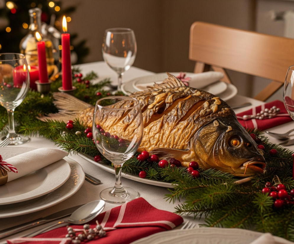 Na stole nakrytym białym obrusem leży upieczony karp, udekorowany świeżymi gałązkami jodły i czerwonymi jagodami. Ryba ma złocistobrązową skórę z nacięciami i jest ułożona na podłużnym, białym półmisku. Stół otaczają miejsca dla gości z białymi talerzami, sztućcami i złożonymi serwetkami z czerwono-białymi ozdobami, a także pustymi kieliszkami do wina. W tle widać rozmazane światła choinki oraz brązowe krzesło, a także zapalone czerwone świece w różnych formach, dodające ciepłego, świątecznego nastroju.