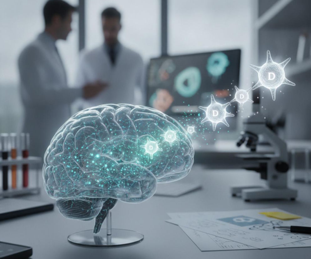 Model mózgu z widocznymi neuronami i cząsteczkami z literą D, unoszącymi się nad nim, symbolizuje innowacyjne odkrycie Polaków dotyczące glutaminianu. W tle zamazane postaci naukowców pracują w laboratorium. Więcej o nadmiarze glutaminianu na Poradnik Zdrowie.