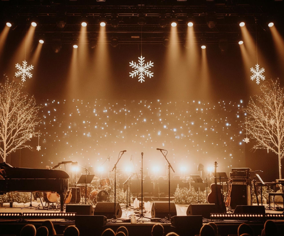 Na scenie, oświetlonej ciepłym, pomarańczowym światłem, dominują dwa drzewa o białych pniach i gałęziach oplątanych drobnymi, świecącymi lampkami. Pomiędzy nimi, na środku sceny, widać zestaw perkusyjny, mikrofony na statywach oraz inne instrumenty muzyczne, takie jak gitara i wiolonczela, oraz czarny fortepian po lewej stronie. Tło sceny wypełnione jest mnóstwem drobnych, świecących punktów przypominających spadający śnieg, a z góry zwisają dwa duże, białe płatki śniegu, dodatkowo podkreślone snopami światła reflektorów. Dolna część kadru ukazuje zarys głów siedzących na widowni.