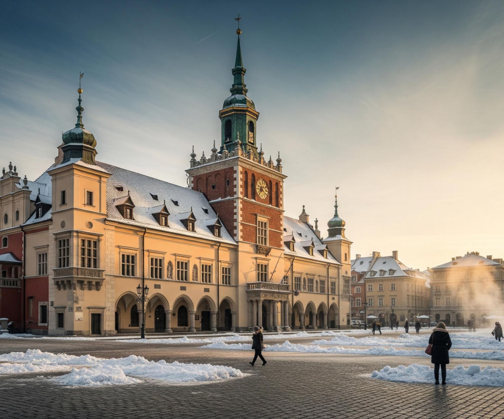 Centralnie w kadrze dominuje duży, zabytkowy budynek z żółto-czerwonymi elewacjami, częściowo pokryty śniegiem, z wysoką wieżą zegarową o zielonym spiczastym dachu i mniejszymi kopułami po bokach. Brukowany plac przed budynkiem jest usiany zwałami topniejącego śniegu, pomiędzy którymi pojedyncze osoby spacerują lub stoją. Horyzont na prawo rozświetla jasne, ciepłe światło wschodzącego lub zachodzącego słońca, kontrastujące z chłodnym błękitem nieba po lewej stronie. W tle, po obu stronach centralnego budynku, widać inne kamienice o zróżnicowanej architekturze i kolorach, również z ośnieżonymi dachami, a z prawej strony unosi się delikatna mgiełka lub para.