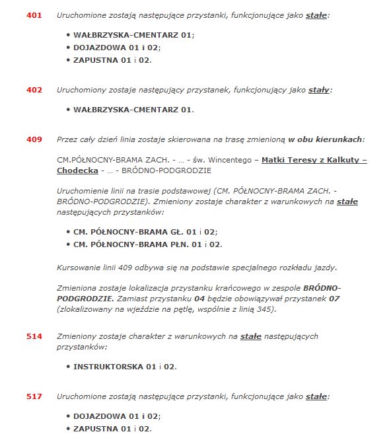 CZĘŚĆ 1      Zmiany obowiązujące w dniach 23-27.10.2017 r. oraz 2.11.2017 r. (poniedziałek-piątek oraz czwartek)