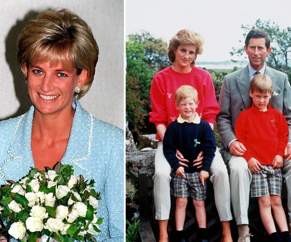 Księżna Diana w błękitnej garsonce z bukietem białych róż oraz na zdjęciu rodzinnym z księciem Karolem i synami Williamem i Harrym, odzwierciedlającym jej życie pełne blasku i dramatów, o czym więcej przeczytasz na naszym portalu.