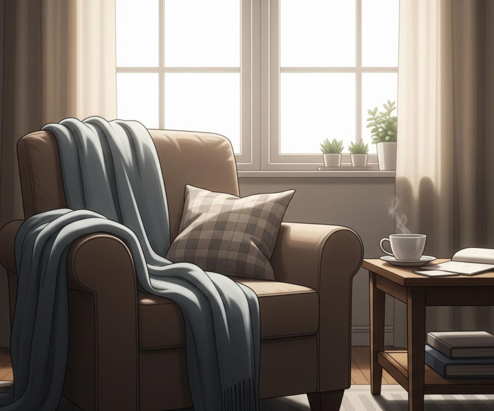 W centralnej części obrazu znajduje się beżowy fotel z narzuconym na oparcie i siedzenie jasnoniebieskim kocem, oraz poduszką w brązowo-białą kratę. Po lewej stronie fotela stoi lampa podłogowa z beżowym abażurem, a za nią widoczna jest drewniana biblioteczka wypełniona książkami. Po prawej stronie fotela stoi drewniany stolik kawowy z białą filiżanką, z której unosi się para, leżącą otwartą książką lub zeszytem oraz kilkoma białymi kartkami. Na dolnej półce stolika ułożone są dwie zamknięte książki. W tle znajduje się duże okno z białymi ramami, przez które wpada jasne światło, a na parapecie stoją trzy doniczkowe rośliny.