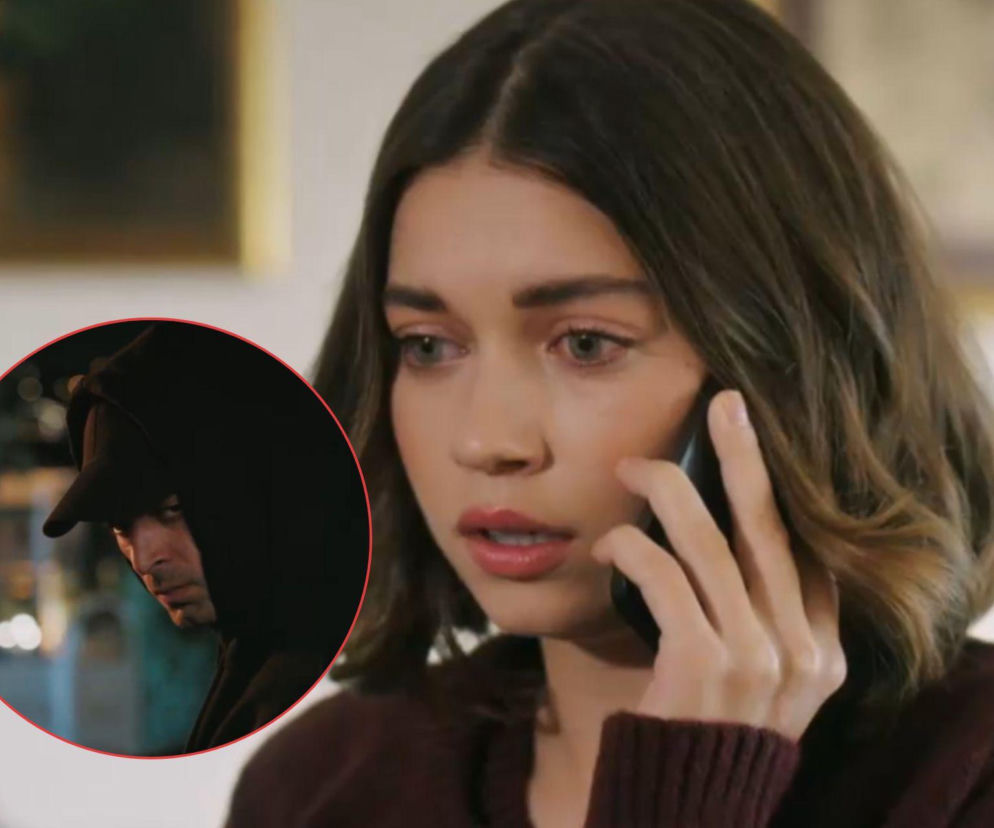 Afra Saraçoğlu jako Seyran Şanlı rozmawia przez telefon z zaniepokojoną miną, z nakładką przedstawiającą Mert Ramazan Demira jako Ferita Korhana w kapturze i czapce, co symbolizuje ciągły strach Seyran przed Sinanem. Więcej informacji o serialu Złoty chłopak na Super Seriale.