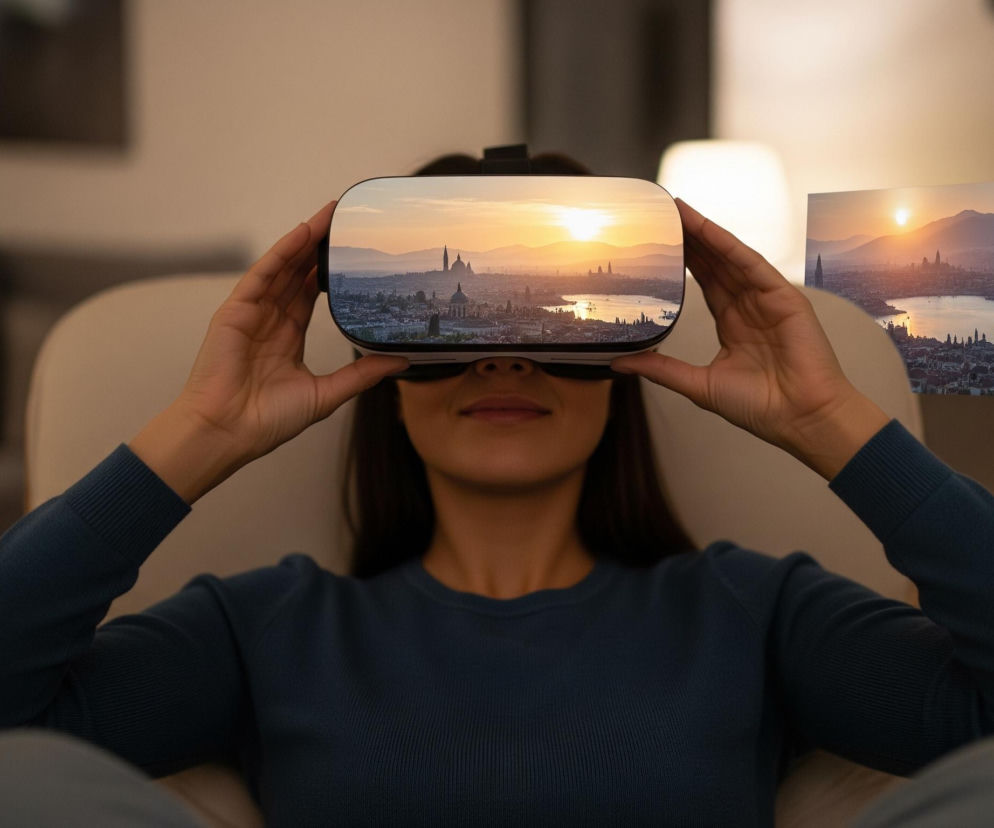 Młoda kobieta o ciemnych włosach, ubrana w granatowy sweter, siedzi wygodnie w fotelu w pomieszczeniu o słabym oświetleniu, używając gogli wirtualnej rzeczywistości. Na ekranach gogli oraz po prawej stronie w przestrzeni widoczny jest panoramiczny obraz miasta o zachodzie słońca, z wyraźnym słońcem nisko nad horyzontem, oświetlającym góry, rzekę lub jezioro oraz liczne budynki z charakterystycznymi wieżami i kopułami. Na dalszym planie znajdują się rozmyte meble, w tym fragmenty sofy i lampy, które rzucają ciepłe, jasne światło.