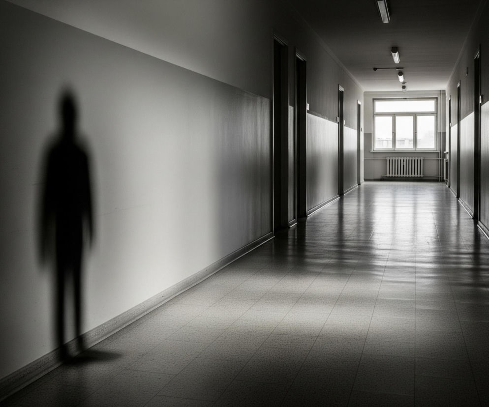 Długi, pusty korytarz ukazuje się w perspektywie, gdzie po lewej stronie rzuca się wyraźny, rozmazany cień postaci. Ściany korytarza są dwukolorowe – dolna część jest ciemniejsza, górna jaśniejsza, a na obu widoczne są subtelne tekstury. Światło wpada z prawej strony kadru przez duże, prostokątne okno z wieloma szybami, a jego blask odbija się od błyszczącej podłogi w kratkę, tworząc smugi jasności w oddali. Na suficie rozmieszczone są podłużne lampy, natomiast wzdłuż prawej ściany, pod oknem, znajduje się biały grzejnik, a dalej widoczne są kolejne drzwi i okna, pogrążone w cieniu.
