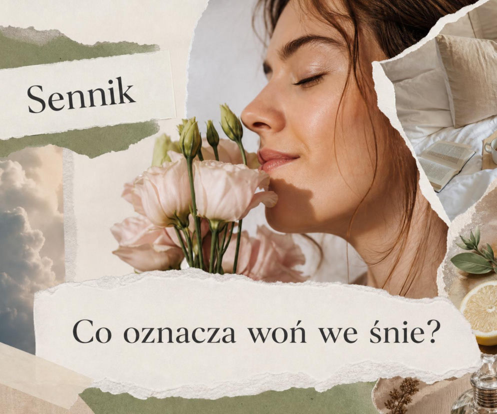 Kobieta wąchająca różowe kwiaty na kolażu o snach. Więcej o znaczeniu woni we śnie przeczytasz na SE.