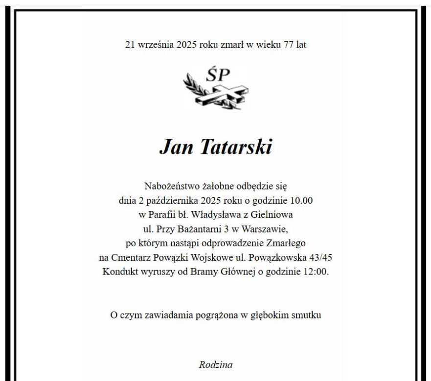 Jan Tatarski nie żyje