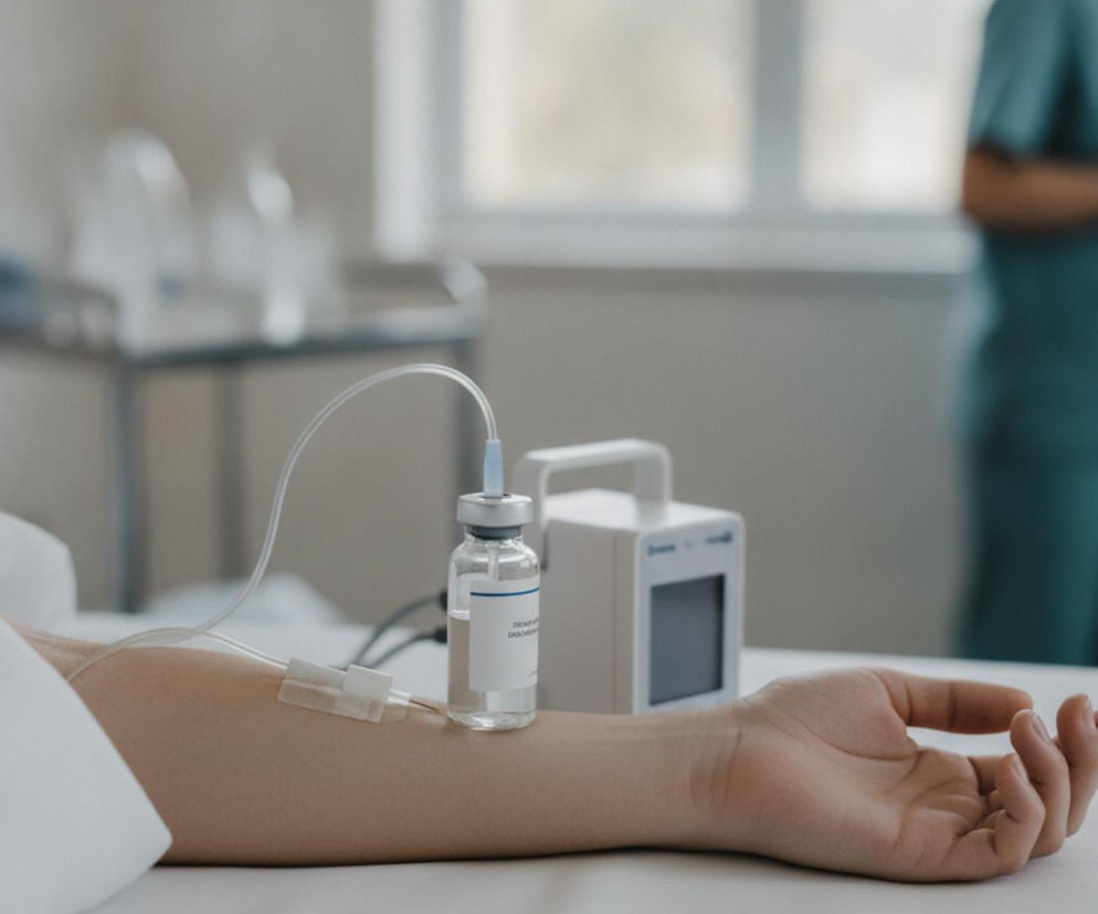 Ręka pacjenta w szpitalnym łóżku z podłączoną kroplówką. Widoczna fiolka z lekiem i aparatura medyczna w tle, symbolizujące nadzieję na nowe terapie onkologiczne, o których więcej na Poradnik Zdrowie.