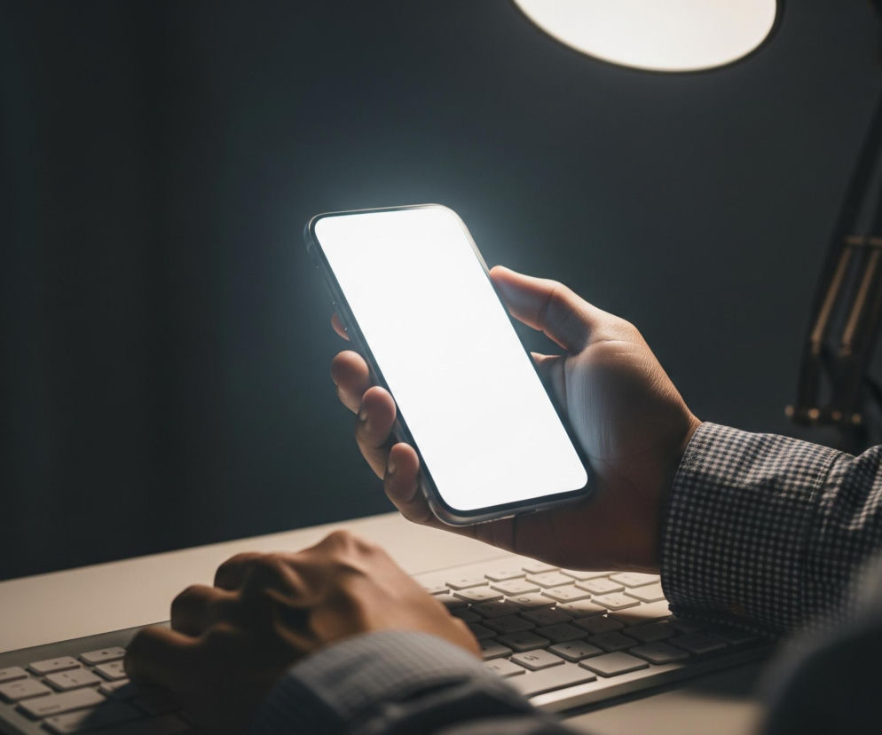 Osoba z lewej strony zdjęcia, ubrana w koszulę w czarno-białą kratkę, trzyma jasny smartfon w prawej dłoni. Ekran telefonu jest biały i emituje światło, które oświetla dłoń. Lewa dłoń osoby spoczywa na białej klawiaturze komputerowej. W tle po prawej stronie widać fragment ciemnej lampy biurkowej z okrągłym, białym kloszem. Całe tło jest ciemne, granatowo-szare.