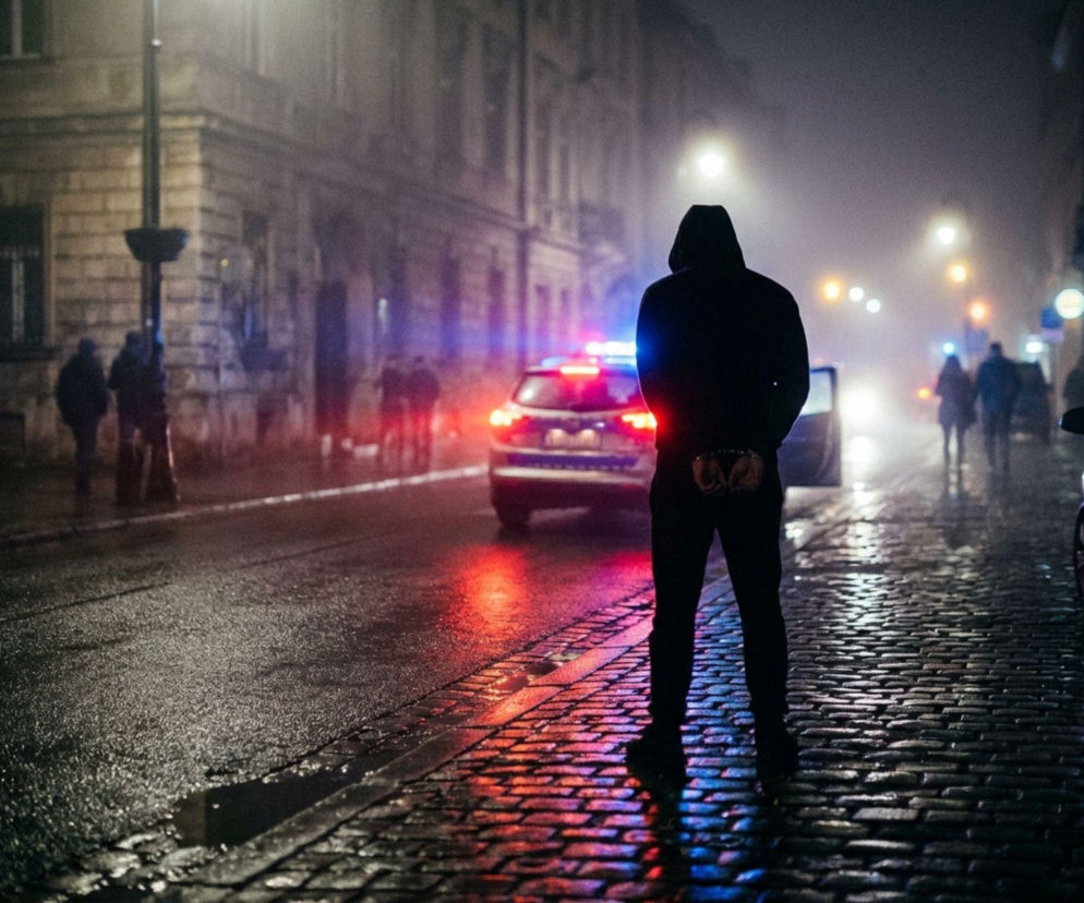 Sylwetka zatrzymanego mężczyzny na tle radiowozu