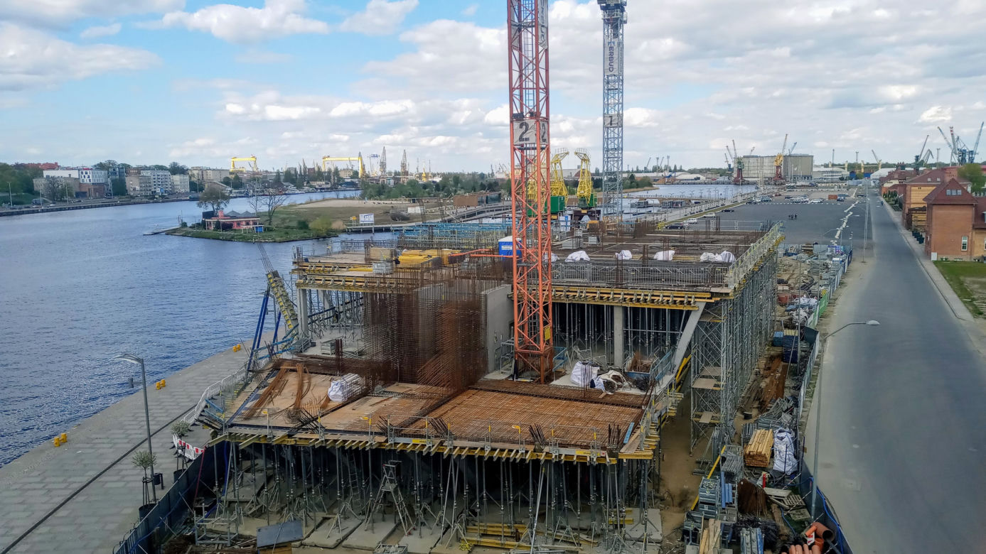 Budowa Morskiego Centrum Nauki w Szczecinie - kwiecień 2020