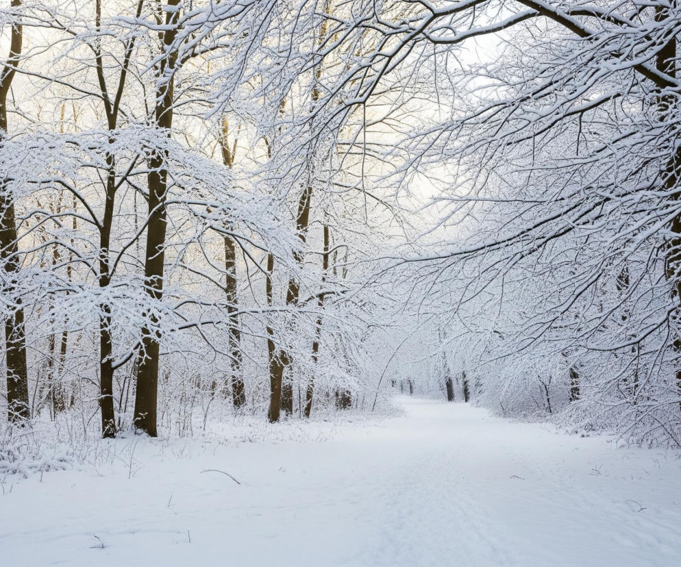 Śniegiem pokryta droga prowadzi przez zimowy las, otoczony gęstymi drzewami o nagich gałęziach. Gałęzie i pnie drzew, zarówno w pierwszym planie, jak i te głębiej w tle, są całkowicie pokryte warstwą świeżego, białego śniegu. Niebo w górnej części obrazu jest jasne, w odcieniach bladego beżu i bieli, co kontrastuje z ciemniejszymi, brązowymi pniami drzew i ich gałęziami, tworzącymi skomplikowaną sieć wzorów. Cała ziemia, w tym krzewy i trawy, również skąpana jest w białym puchu, a na drodze widać delikatne ślady stóp, sugerujące obecność osoby.