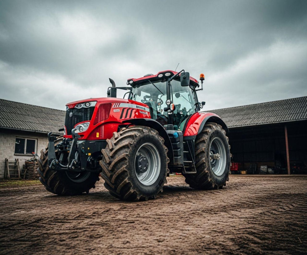 Czerwony, nowoczesny ciągnik rolniczy na błotnistym podwórku gospodarstwa, symbolizujący inwestycje rolników w trudnym czasie spadających cen zbóż i mleka. Więcej o wyzwaniach w rolnictwie przeczytasz na portalu Super Biznes.