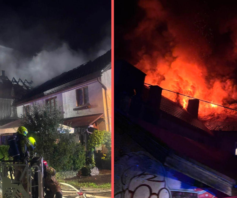 Strażacy gaszący nocny pożar domu w Dusznikach-Zdroju. Obok zdjęcie płonącego dachu. O tragedii pisze Eska Wrocław.