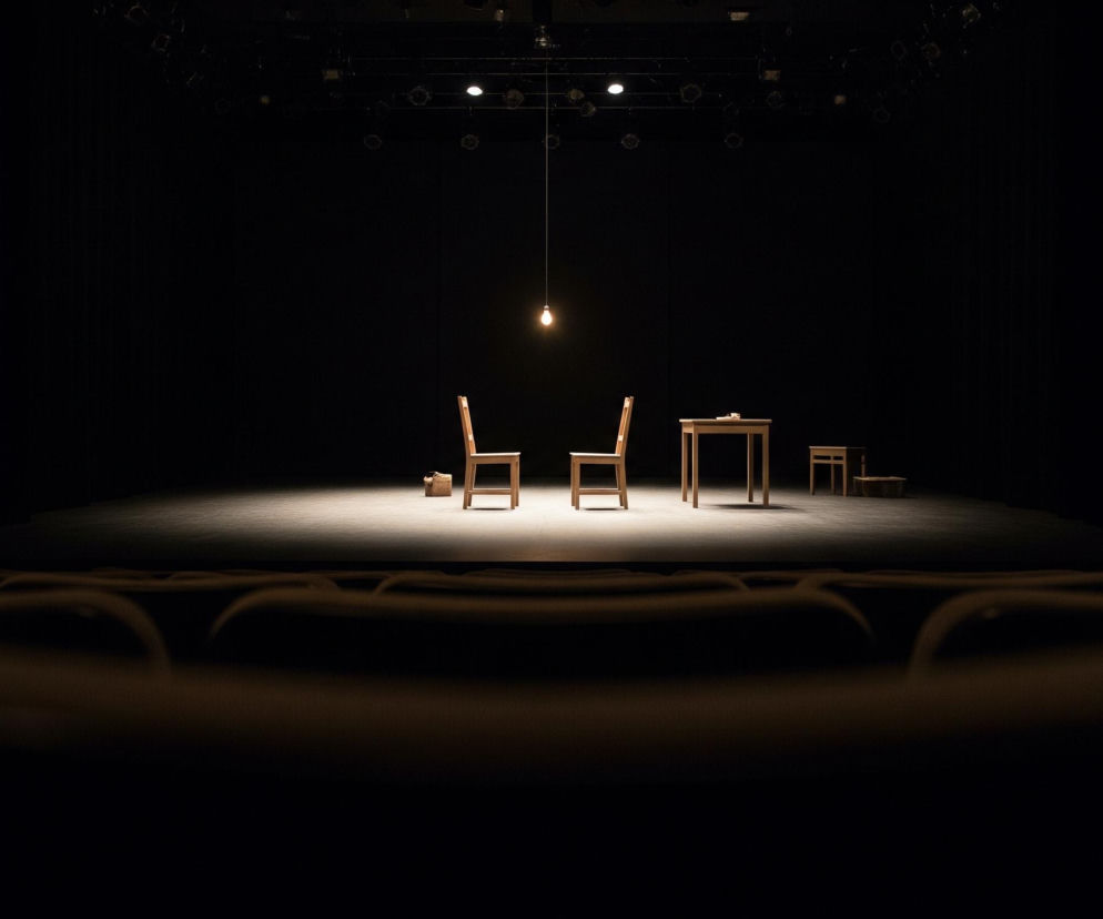 Na ciemnej scenie teatralnej, w centrum, wisi samotna żarówka, emitując ciepłe, żółte światło. Pod nią stoją dwa jasnobrązowe drewniane krzesła oraz stół o podobnym kolorze, a dalej, po prawej stronie, widać kolejne, słabiej oświetlone, drewniane krzesło lub element scenografii. Całe tło pozostaje w głębokim cieniu, jedynie górna część ukazuje delikatnie widoczne, okrągłe oprawy oświetleniowe sceniczne. Na pierwszym planie rozmyte są ciemnobrązowe fotele widowni, co sugeruje perspektywę z miejsca dla publiczności.