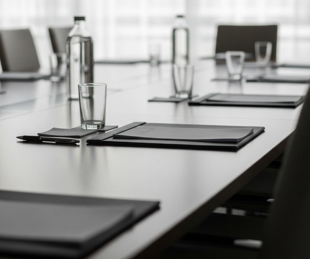 Długi, ciemnobrązowy stół konferencyjny rozciąga się przez środek kadru, widoczny od bliska w perspektywie. Po obu stronach stołu ustawione są szare krzesła, a na blacie leżą czarne podkładki z białymi kartkami, puste szklanki i butelki wody. Tło jest rozmyte, ukazując jasne, duże okno, przez które wpada światło, oraz zarysy innych krzeseł.