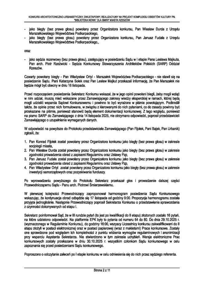 Protokół z II etapu konkursu na Bibliotekę Nową w Rzeszowie