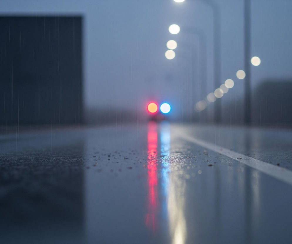 Droga asfaltowa, mokra od deszczu, biegnie przez centrum kadru, z wyraźną białą linią przerywaną widoczną na jej powierzchni. W oddali, w centrum kompozycji, widoczne są dwa jaskrawe, rozmyte światła: jedno czerwone i jedno niebieskie. Po prawej stronie drogi rozmieszczone są słupy z jasno świecącymi, okrągłymi latarniami ulicznymi, które tworzą długie refleksy na mokrej nawierzchni. Po lewej stronie drogi stoi duży, ciemny prostopadłościan, a za nim niewyraźny zarys innych budynków, wszystkie tonące w szarobłękitnej mgle deszczu.