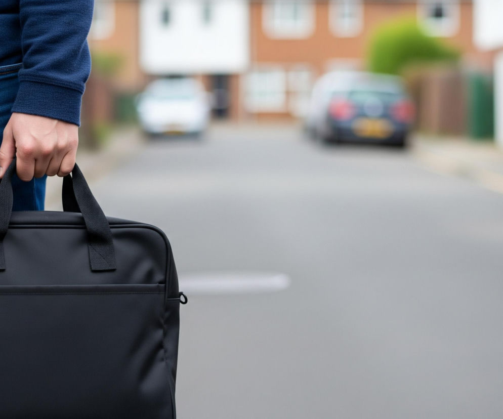 Mężczyzna trzyma czarną torbę z materiału w prawej dłoni. Ma na sobie ciemnoniebieski sweter i jeansy w tym samym odcieniu. Lewa część zdjęcia przedstawia jego sylwetkę, a reszta to rozmyte tło z ulicą, domami z cegły i dwoma samochodami.