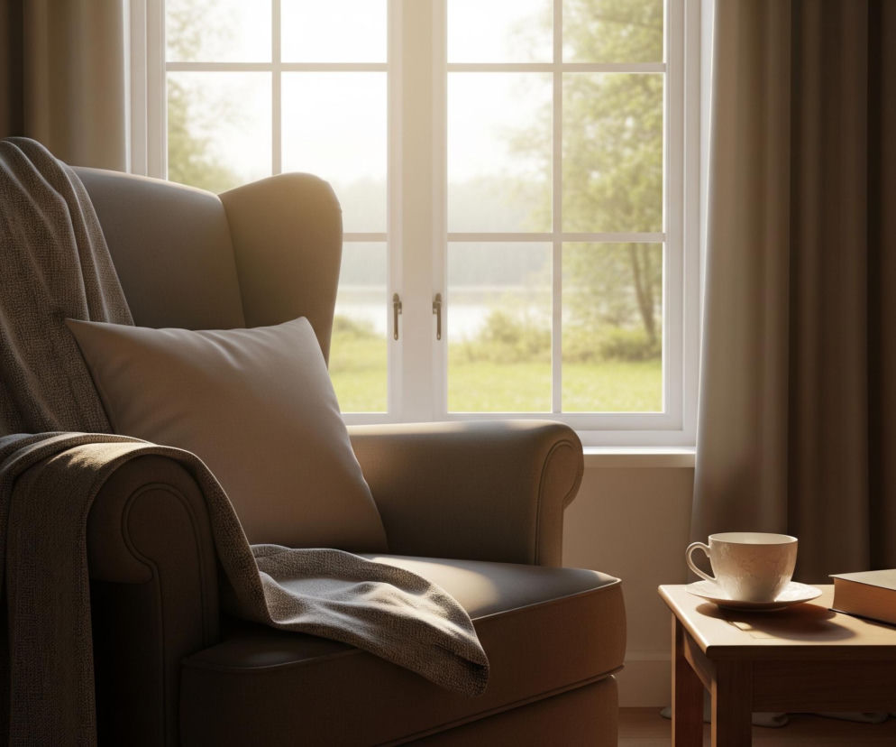 Wygodny, ciemnobrązowy fotel z poduszką i narzutą stoi obok okna, przez które wpada jasne światło słoneczne, oświetlając zielony krajobraz z widocznym zbiornikiem wodnym w oddali. Po prawej stronie fotela znajduje się drewniany stolik z białą filiżanką na spodku oraz zamkniętą książką o beżowej okładce. W tle widoczne są beżowe zasłony, a w prawym górnym rogu stolika bocznego z lampką nocną.