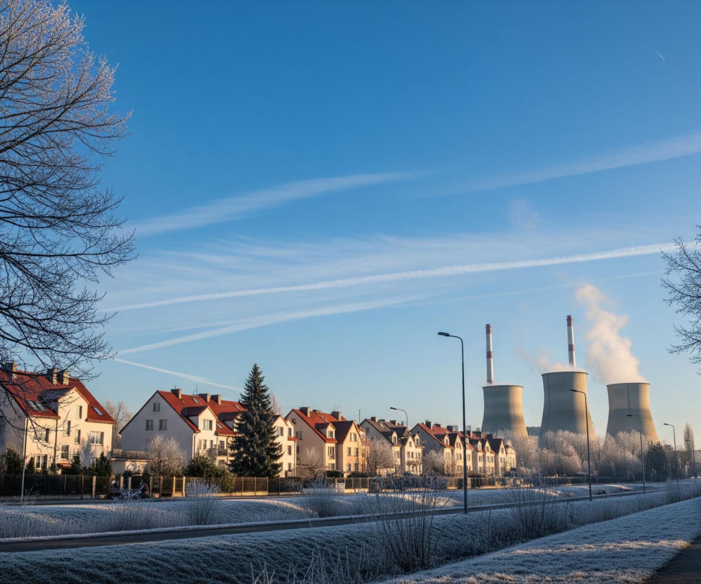 Zimowy krajobraz przedstawia osiedle domów jednorodzinnych z czerwonymi dachami, stojących w rzędzie, z których część jest oświetlona ciepłym, bocznym światłem słońca. Na lewo od domów rozciąga się ulica, a dalej zielony pas porośnięty krzewami i drzewami, z których wiele pokrytych jest szronem i pozbawionych liści. W tle dominują trzy masywne chłodnie kominowe, z których dwie mają wysokie, smukłe kominy z czerwonymi pasami na szczytach, a z jednej wydobywa się biała para.

Wzdłuż prawej krawędzi obrazu, na pierwszym planie, widoczna jest ścieżka spacerowa, którą idzie kobieta w ciemnym płaszczu, szaliku i czapce, skierowana w stronę obserwatora. Całość otacza jasnoniebieskie niebo z kilkoma smugami chmur oraz widoczną w oddali, cienką, białą smugą za przelatującym samolotem. Śnieg lub szron pokrywa trawę i krzewy, dodając scenerii zimowego charakteru.