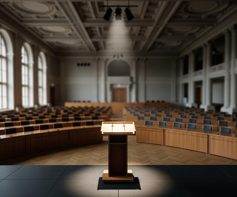 Na pierwszym planie, centralnie, stoi drewniane mównica w jasnobrązowym odcieniu, oświetlona silnym, białym snopem światła padającym z góry. Przed mównicą znajduje się ciemna, płytkowana podłoga, z wyraźnie widocznymi liniami podziału. W tle rozciąga się przestronna, pusta sala z rzędami drewnianych stołów i krzeseł z ciemnymi oparciami, ułożonych w półokrąg, a na każdym stole widać mały, czarny mikrofon. Sala ma wysokie, łukowe okna po lewej stronie i dekorowany sufit kasetonowy, z którego zwisa metalowa konstrukcja z reflektorami.