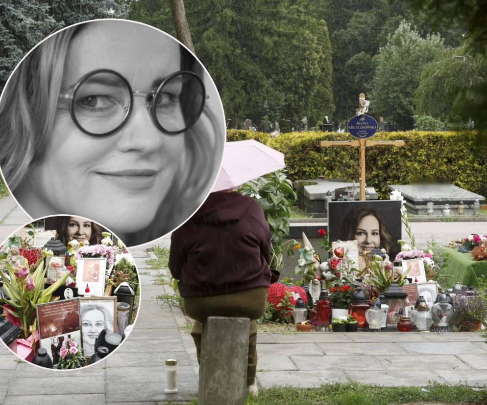 Grób Joanny Kołaczkowskiej zasypany kwiatami i zniczami. Na miniaturach portrety artystki. O rocznicy przeczytasz na SE.