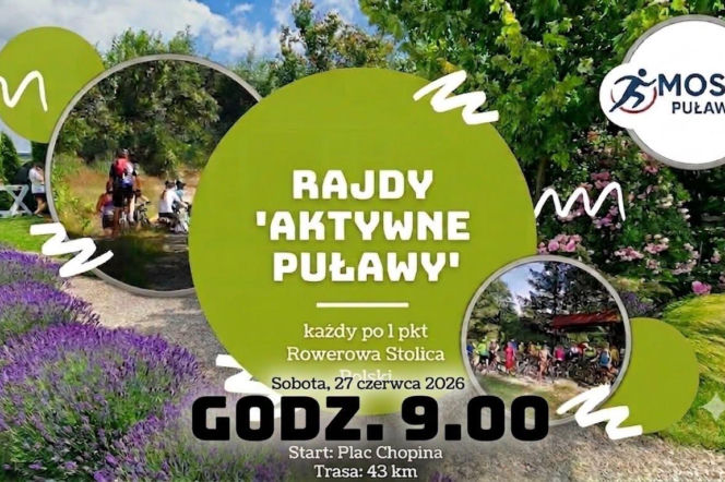 Plakat informujący o rajdzie rowerowym Aktywne Puławy o Puchar Rowerowej Stolicy Polski. Grafika w odcieniach zieleni i fioletu, z okręgami przedstawiającymi rowerzystów. Na naszym portalu przeczytasz więcej o tym wydarzeniu, zaplanowanym na 27 czerwca 2026 r. o godz. 9:00.