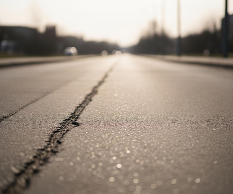 Głównym elementem obrazu jest asfaltowa droga z pojedynczym, pofalowanym pęknięciem biegnącym od lewej dolnej krawędzi w kierunku środka górnej części kadru. Powierzchnia asfaltu jest ciemnoszara, z widocznymi drobinkami odbijającymi światło w prawym dolnym rogu. W tle, rozmyte i nieostre, widoczne są kontury budynków i drzew, a także jasne punkty przypominające światła samochodów. Całość jest oświetlona ciepłym, rozproszonym światłem, sugerującym poranek lub późne popołudnie.