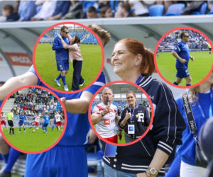 65-letni Maciej Orłoś z żoną i Katarzyna Dowbor na stadionie. Gwiazdy starły się na boisku