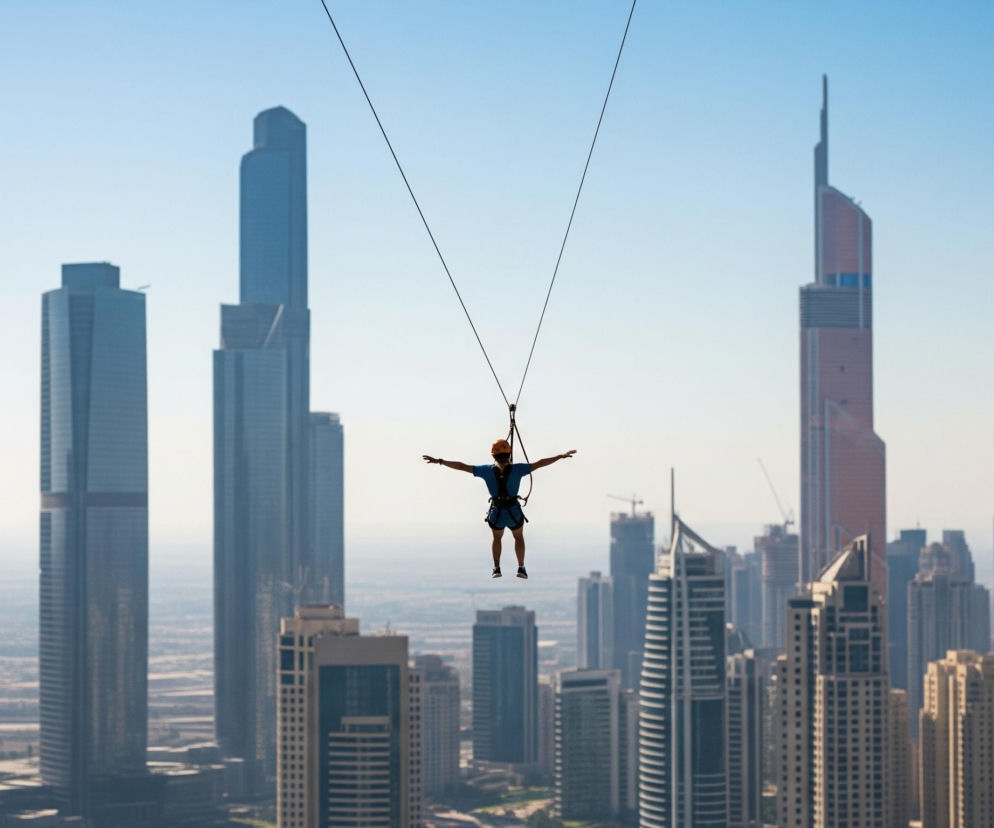 Osoba w kasku i niebieskim stroju z rozłożonymi ramionami leci na linie nad miastem pełnym drapaczy chmur. Lina rozciąga się od lewej do prawej krawędzi obrazu, zbiegając się w punkcie zawieszenia osoby. W tle dominuje błękitne niebo przechodzące w jaśniejszy odcień przy horyzoncie, gdzie widać wiele wysokich budynków o różnej architekturze i kolorach, od szarych i niebieskich po jeden wyróżniający się, rdzawoczerwony wieżowiec po prawej stronie. Pod latającą osobą rozciąga się panorama miasta z licznymi, gęsto zabudowanymi budynkami mieszkalnymi i biurowymi, niektóre w odcieniach beżu i brązu, a inne w szarościach i błękitach, tworząc wrażenie dużej metropolii.