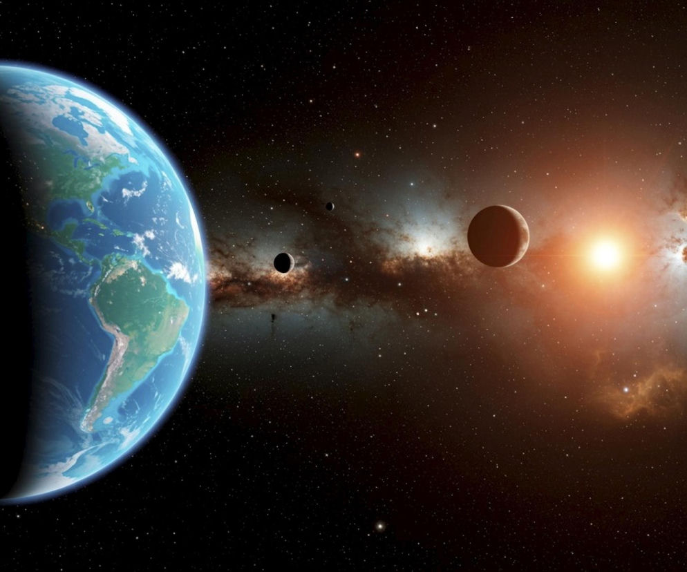 Ziemia oraz inne planety na tle kosmosu i jasnej gwiazdy. O odkryciu na planecie Beta Pictoris b przeczytasz w Eskice.