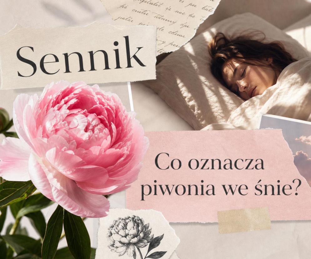 Różowa piwonia obok śpiącej kobiety i napis Sennik. O znaczeniu snu o piwonii przeczytasz na SE.