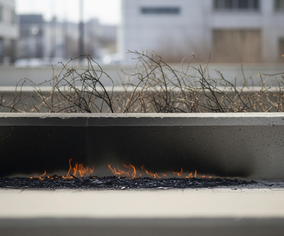 Na pierwszym planie widoczny jest długi, betonowy murek w odcieniach szarości, z częściowo poczerniałym spodem. Pod murkiem płoną małe, pomarańczowe płomienie na warstwie ciemnego, rozproszonego materiału, przypominającego spalone resztki lub węgiel. Nad murkiem rosną suche, krzaczaste gałęzie, tworzące gęstą plątaninę. W tle, rozmyte i niewyraźne, rysują się kontury jasnych budynków, prawdopodobnie biurowców lub apartamentowców.