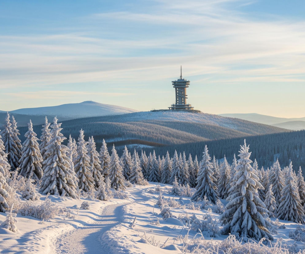Na obrazie przedstawiona jest zimowa sceneria górskiego krajobrazu, dominują odcienie bieli, błękitu i szarości. W centrum kadru, na horyzoncie, wznosi się futurystyczna, cylindryczna wieża obserwacyjna z anteną na szczycie, posadowiona na ośnieżonym wzgórzu. Na pierwszym planie i po bokach rosną gęste, ośnieżone choinki, a przez nie wiją się ślady na śniegu, tworząc krętą ścieżkę. Jasnoniebieskie niebo z delikatnymi białymi chmurami rozpościera się nad odległymi, pokrytymi śniegiem pasmami górskimi, które stopniowo zlewają się z mgłą w tle.
